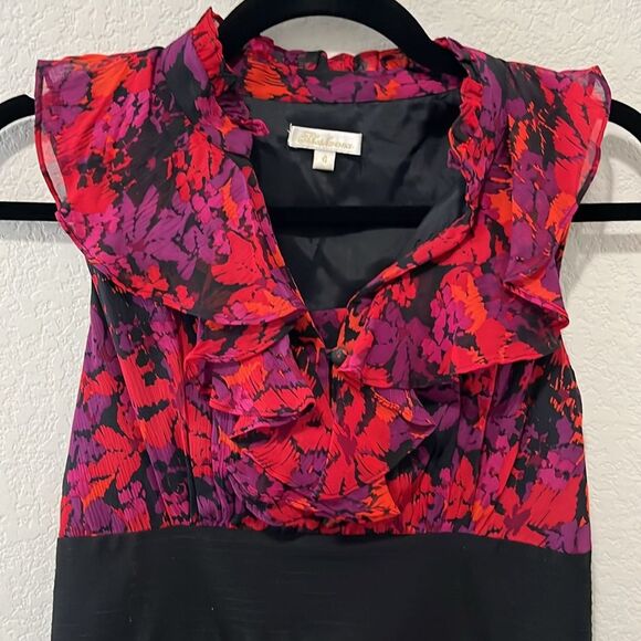 SHOSHANNA Floral Silk Sleeveless Ruffle Pencil Dress, Black/Red/Purple, Size 4 - Picture 3 of 11